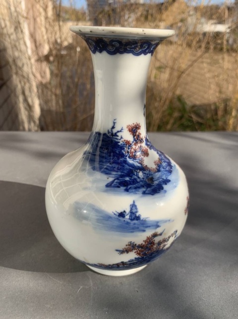 古玩陶瓷青花釉里紅山水紋賞瓶真品鑒賞圖