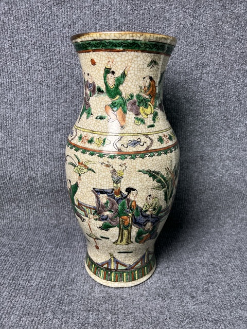 古玩陶瓷哥釉五彩人物故事紋橄欖尊真品鑒賞圖