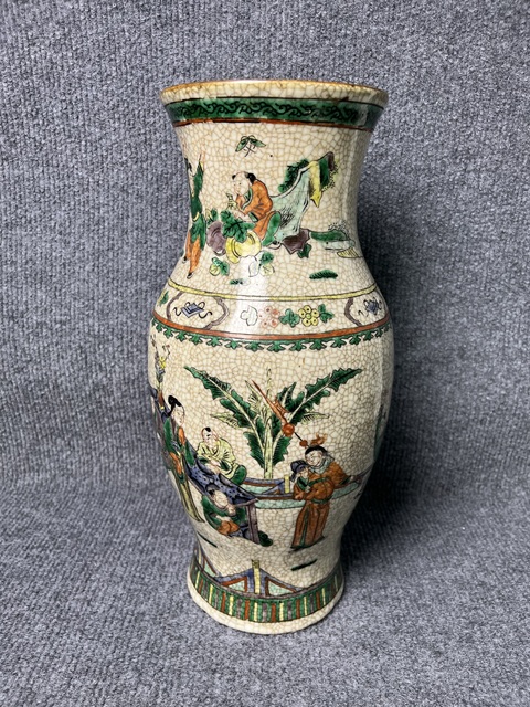 古玩陶瓷哥釉五彩人物故事紋橄欖尊真品鑒賞圖