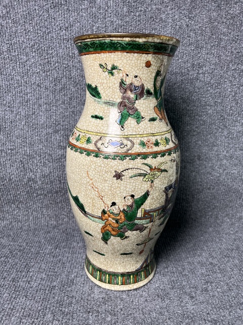 古玩陶瓷哥釉五彩人物故事紋橄欖尊真品鑒賞圖