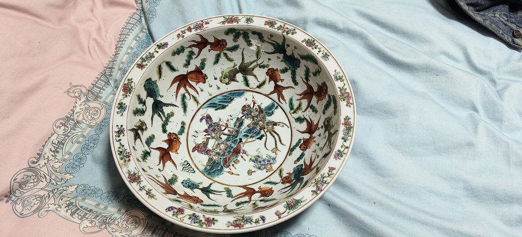 古玩陶瓷金玉滿堂刀馬人粉彩凈手盆真品鑒賞圖