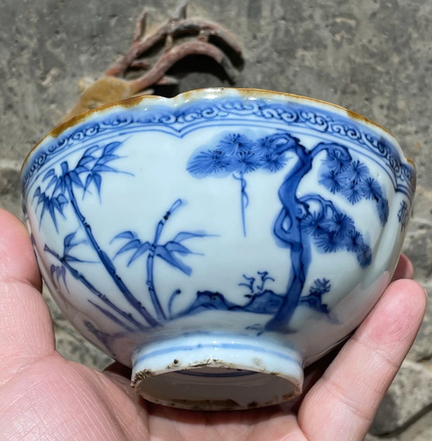 古玩陶瓷松竹梅詩紋青花花口碗真品鑒賞圖