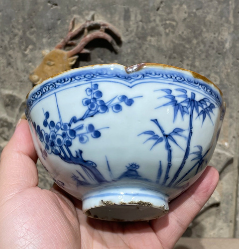 古玩陶瓷松竹梅詩紋青花花口碗真品鑒賞圖