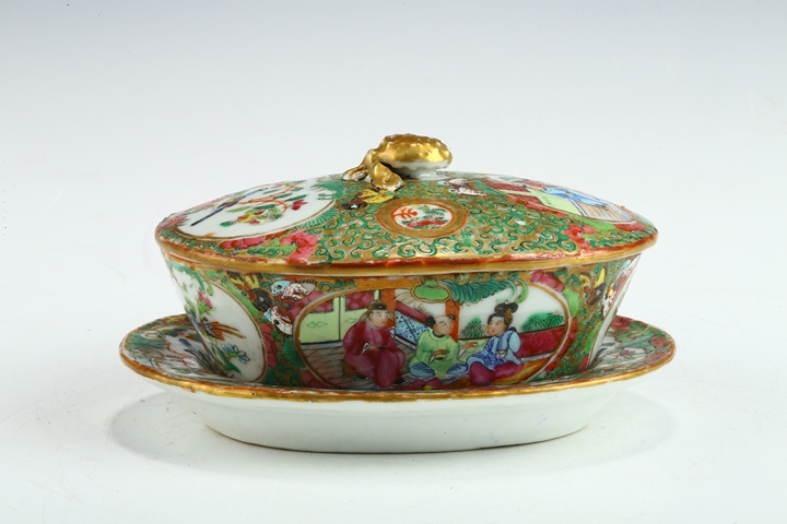 古玩陶瓷清晚·廣彩開窗人物花鳥紋小蓋鍋一陶真品鑒賞圖