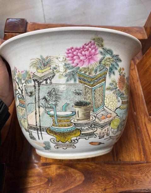 古玩陶瓷許品衡款淺絳彩博古圖花盆真品鑒賞圖