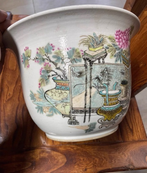 古玩陶瓷許品衡款淺絳彩博古圖花盆真品鑒賞圖