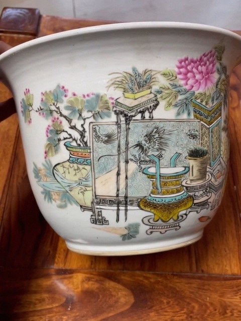 古玩陶瓷許品衡款淺絳彩博古圖花盆真品鑒賞圖