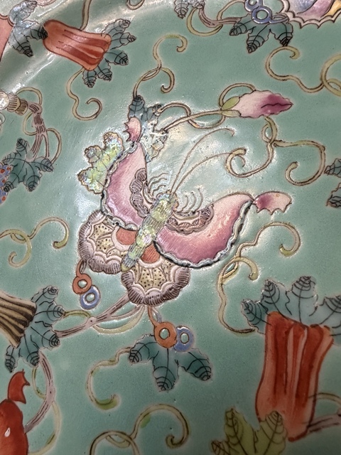 古玩陶瓷松石綠粉彩瓜瓞綿綿圖折沿盤真品鑒賞圖