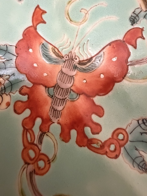 古玩陶瓷松石綠粉彩瓜瓞綿綿圖折沿盤真品鑒賞圖