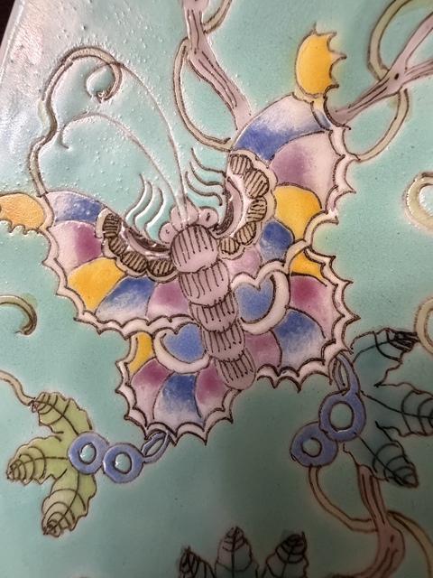 古玩陶瓷松石綠粉彩瓜瓞綿綿圖折沿盤真品鑒賞圖