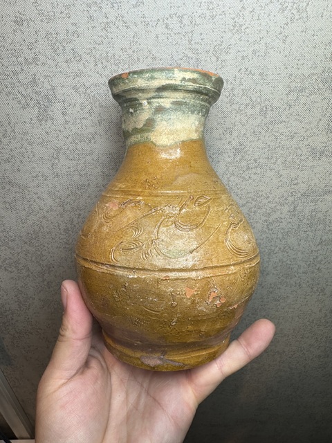 古玩陶瓷漢·二道釉刻花瓶真品鑒賞圖