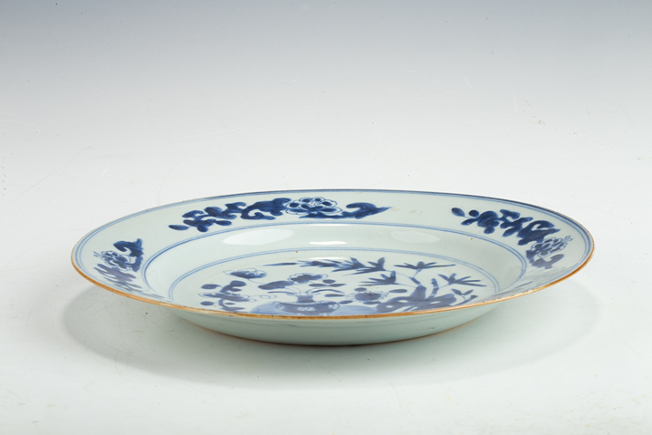 古玩陶瓷清康熙·青花博古花卉紋折沿盤真品鑒賞圖
