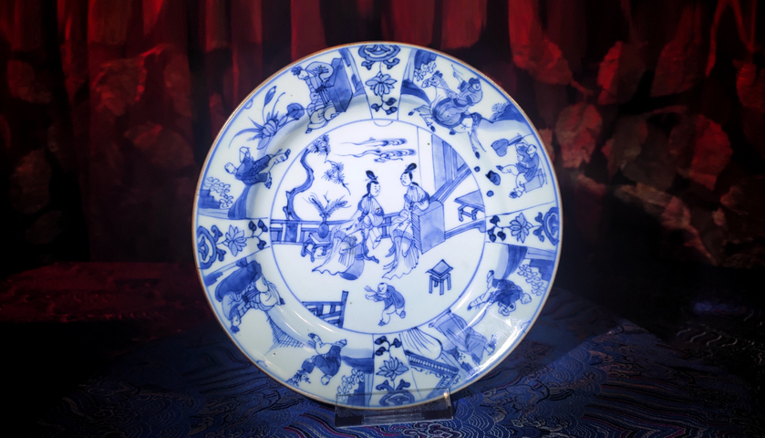 古玩陶瓷清康熙·青花人物故事紋折沿盤真品鑒賞圖