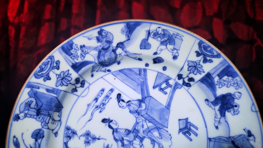 古玩陶瓷清康熙·青花人物故事紋折沿盤真品鑒賞圖