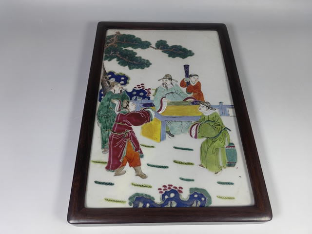 古玩陶瓷晚清民國竹林七賢人物紋粉彩瓷板真品鑒賞圖