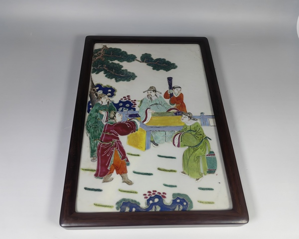 古玩陶瓷晚清民國竹林七賢人物紋粉彩瓷板真品鑒賞圖