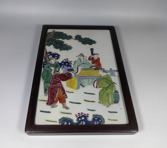 古玩陶瓷晚清民國竹林七賢人物紋粉彩瓷板真品鑒賞圖