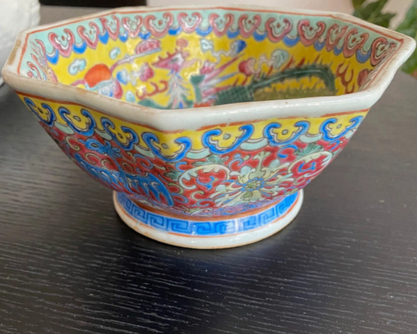 古玩陶瓷黃地粉彩龍鳳紋供碗真品鑒賞圖