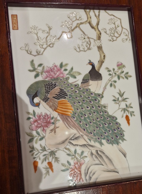 古玩陶瓷花鳥紋粉彩瓷板畫真品鑒賞圖