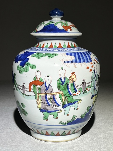 古玩陶瓷青花五彩人物故事蓋罐真品鑒賞圖