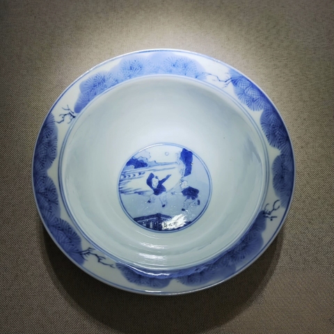 古玩陶瓷青花人物故事紋折沿碗，建議自然光實拍真品鑒賞圖