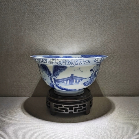 古玩陶瓷青花人物故事紋折沿碗，建議自然光實拍真品鑒賞圖