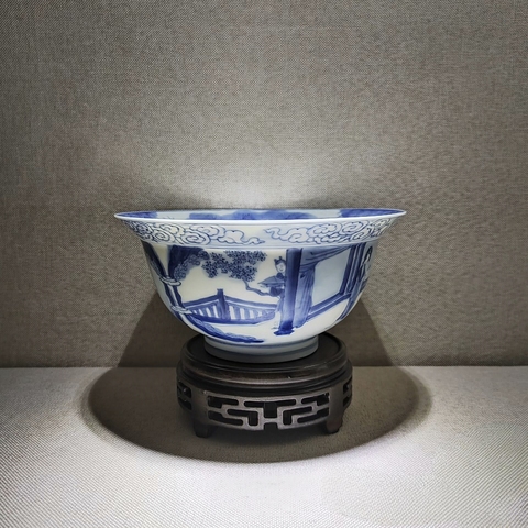 古玩陶瓷青花人物故事紋折沿碗，建議自然光實拍真品鑒賞圖