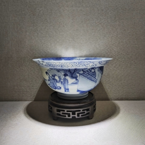 古玩陶瓷青花人物故事紋折沿碗，建議自然光實拍真品鑒賞圖