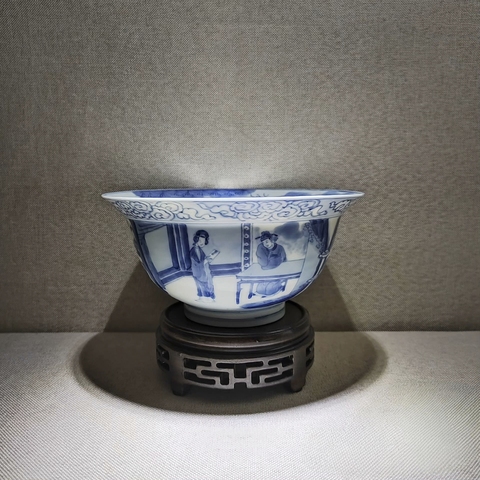 古玩陶瓷青花人物故事紋折沿碗，建議自然光實拍真品鑒賞圖