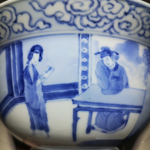 古玩陶瓷青花人物故事紋折沿碗，建議自然光實拍真品鑒賞圖