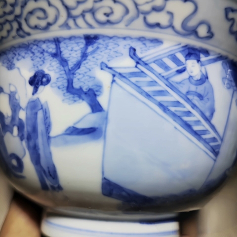 古玩陶瓷青花人物故事紋折沿碗，建議自然光實拍真品鑒賞圖