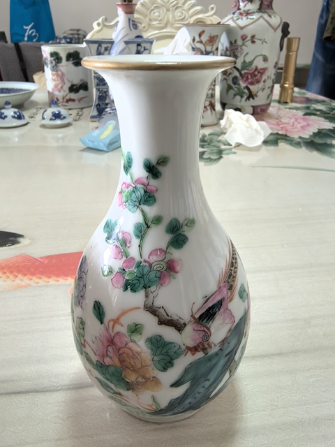 古玩陶瓷粉彩花鳥紋玉壺春瓶真品鑒賞圖