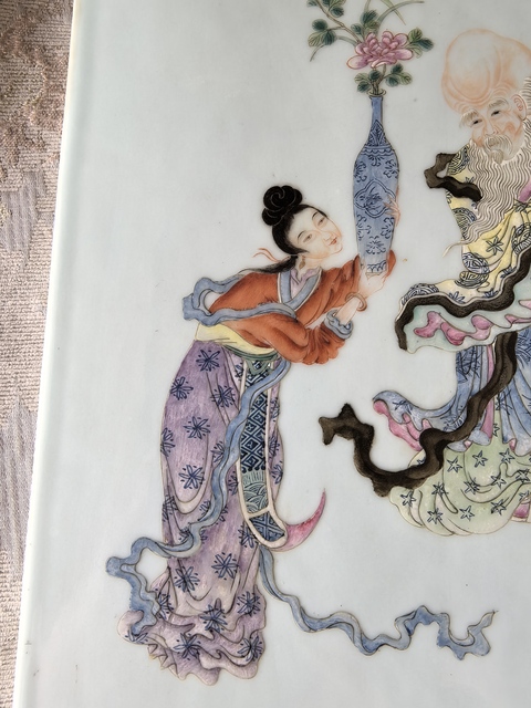 古玩陶瓷粉彩麻姑獻壽瓷板真品鑒賞圖
