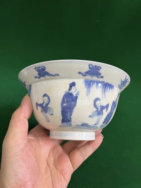 古玩陶瓷青花教子圖折沿碗，注意品相真品鑒賞圖
