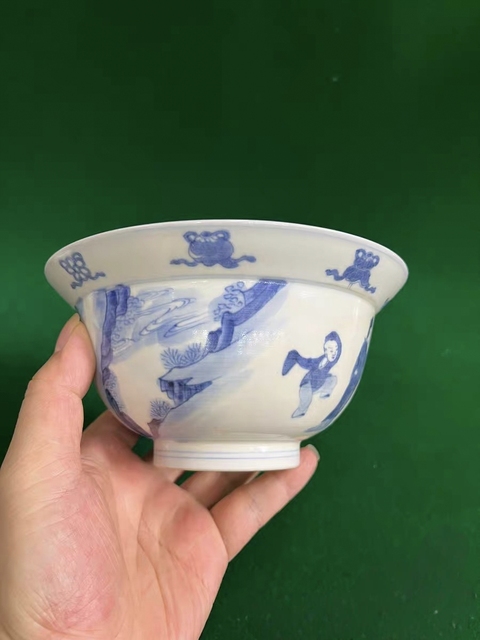 古玩陶瓷青花教子圖折沿碗，注意品相真品鑒賞圖