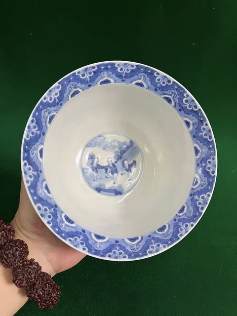 古玩陶瓷青花教子圖折沿碗，注意品相真品鑒賞圖