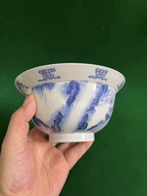 古玩陶瓷青花教子圖折沿碗，注意品相真品鑒賞圖