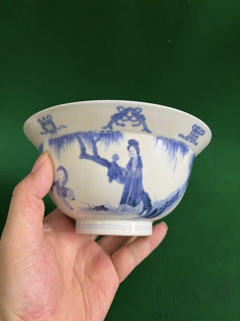 古玩陶瓷青花教子圖折沿碗，注意品相真品鑒賞圖