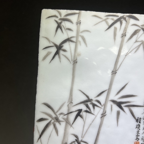 古玩陶瓷墨彩洞石竹葉紋瓷板（老胎后加彩）真品鑒賞圖