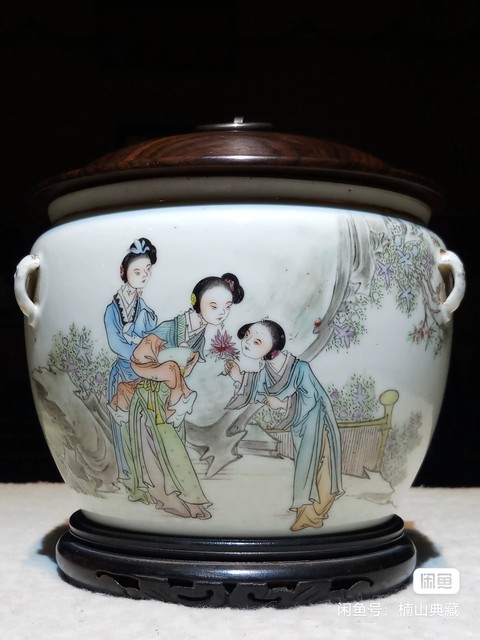 古玩陶瓷民國仕女紋四系粥罐真品鑒賞圖