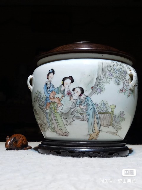 古玩陶瓷民國仕女紋四系粥罐真品鑒賞圖