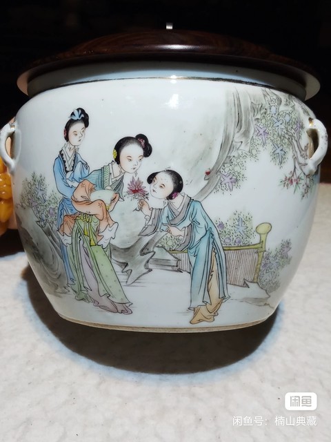 古玩陶瓷民國仕女紋四系粥罐真品鑒賞圖