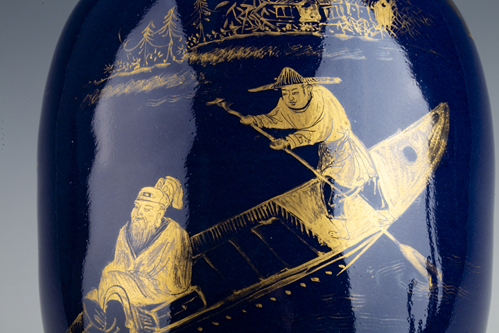 古玩陶瓷清晚·霽藍釉描金行舟圖紋魚尾瓶真品鑒賞圖