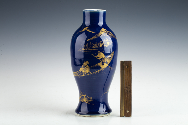 古玩陶瓷清晚·霽藍釉描金行舟圖紋魚尾瓶真品鑒賞圖
