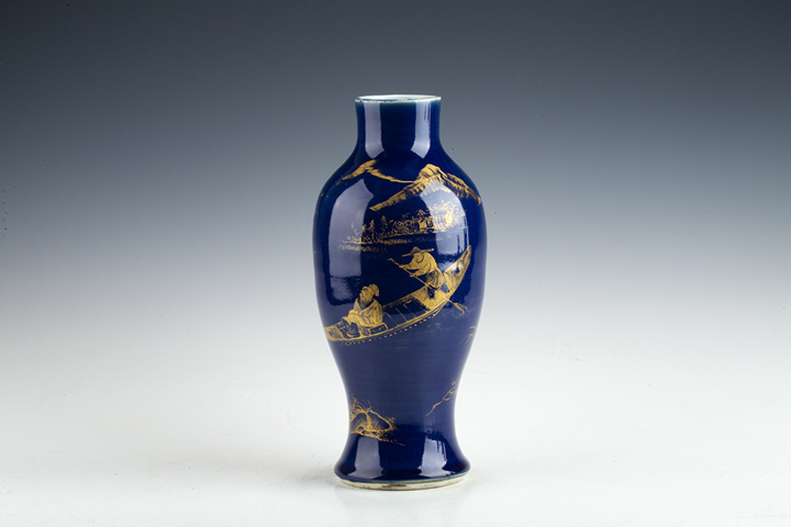古玩陶瓷清晚·霽藍釉描金行舟圖紋魚尾瓶真品鑒賞圖
