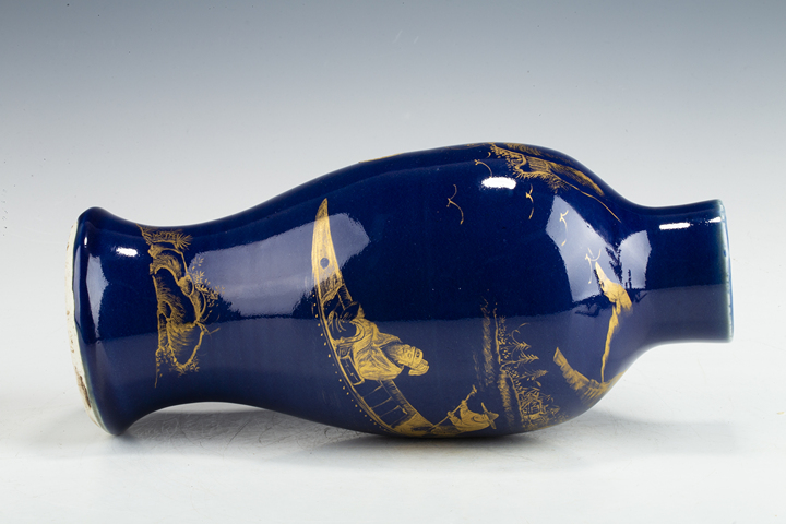 古玩陶瓷清晚·霽藍釉描金行舟圖紋魚尾瓶真品鑒賞圖