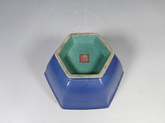 古玩陶瓷咸豐松石綠爐均釉六方供盤真品鑒賞圖