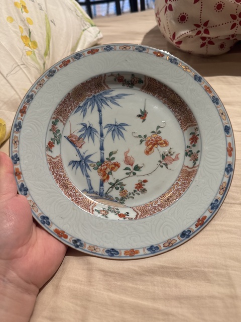 古玩陶瓷清康熙 青花加彩花鳥竹蟲圖盤真品鑒賞圖