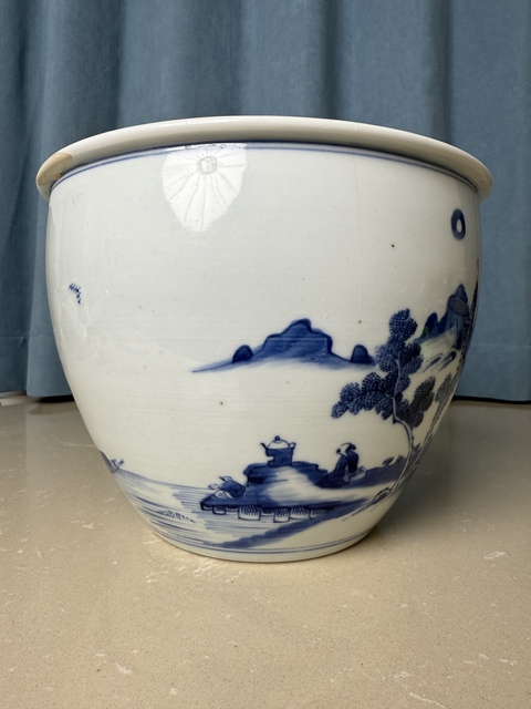 古玩陶瓷清康熙 青花山水人物紋案缸真品鑒賞圖