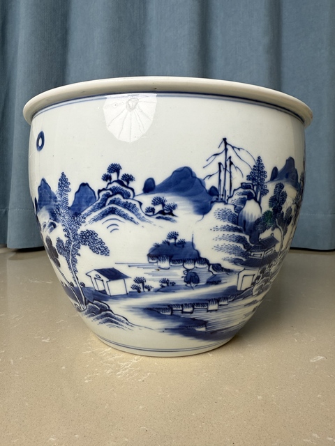 古玩陶瓷清康熙 青花山水人物紋案缸真品鑒賞圖